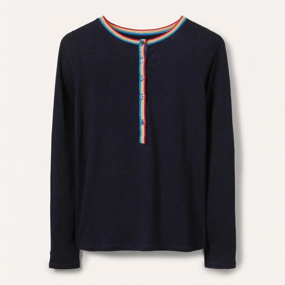 Boden Navy Long Sleeve Top with Multicolor Trim
